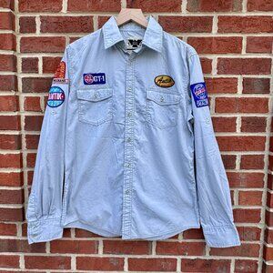 Antik Denim Button Up Patch Shirt Mens Large Blue Long Roll Tab Sleeves Patches